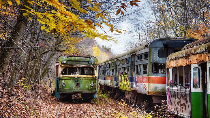 Abandoned train station, Pennsylvania, trees, autumn, HD wallpaper