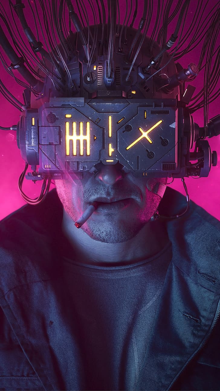 Rafael Moco, cyberpunk, portrait, visors, jacket, pink background