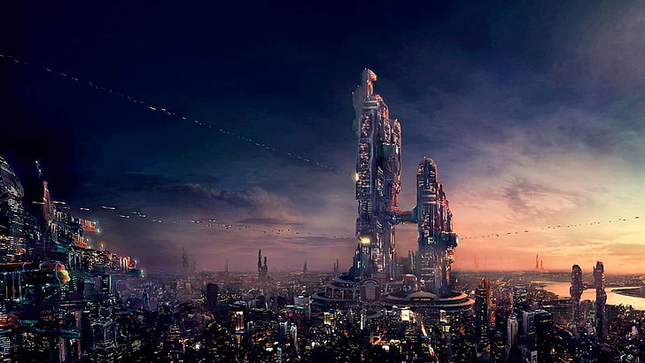 building digital wallpaper, futuristic city, sky, science fiction