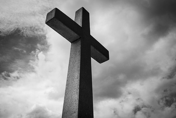 black and white, cemetery, christ, church, clouds, cross, crucifixion