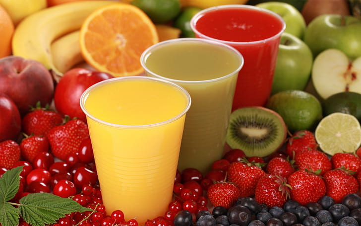 Fruits Juices, kiwi, orange, strawberry, berries, apple