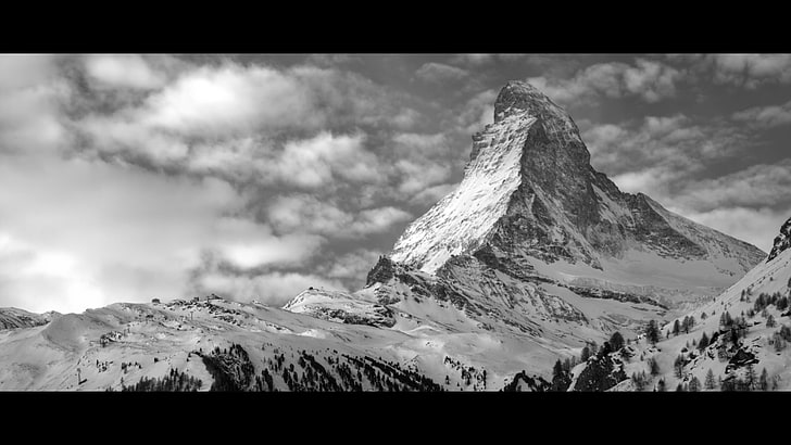 grayscale photo of glacier mountain, monochrome, mountains, winter, HD wallpaper