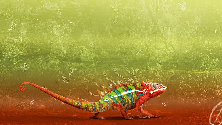 red and green chameleon, chameleons, reptiles, grunge, leaves, HD wallpaper