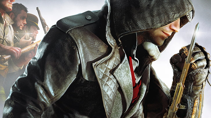 men's black leather zip-up hoodie, gang, Ubisoft, blade, killer