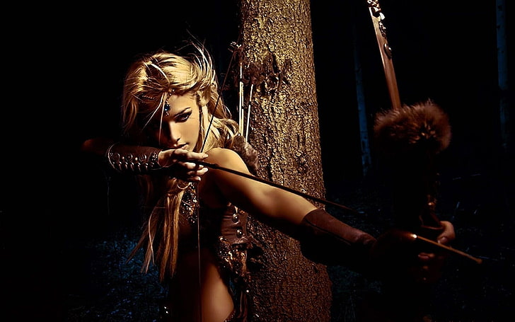 blonde hair woman digital art, bow, archer, archery, women, young adult