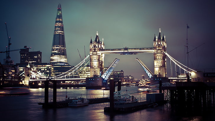 lighted bridge, city, lights, London, Tower Bridge, architecture