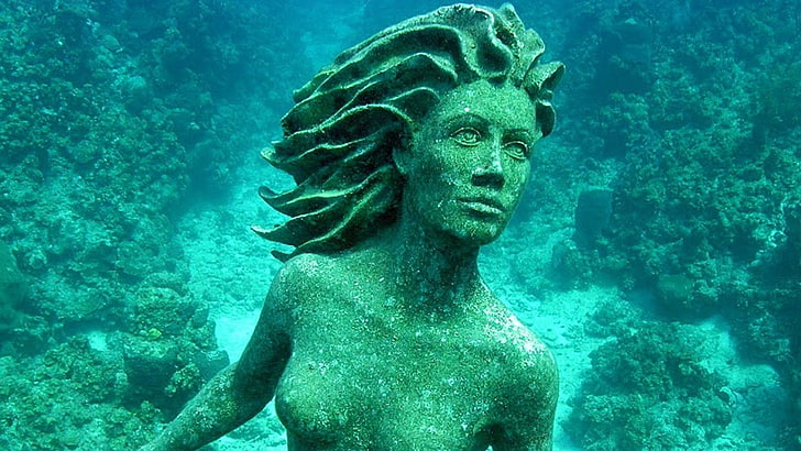 female concrete statue, underwater, mermaids, sea, nature, undersea, HD wallpaper