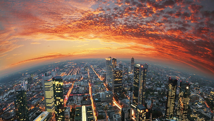 New York City, sky, sunset, Frankfurt, Germany, building exterior, HD wallpaper