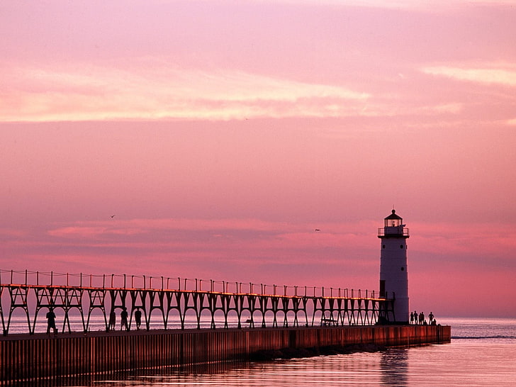 lighthouse, sea, purple sky, people, sunset, tower, built structure