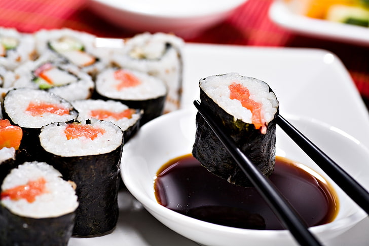 sushi, food, sticks, figure, rolls, Japanese cuisine, soy sauce, HD wallpaper