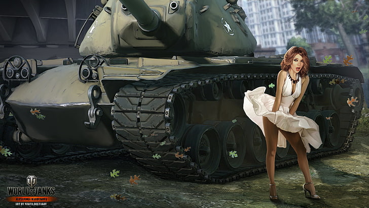 woman in white dress photo, girl, skirt, tank, USA, tanks, WoT HD wallpaper