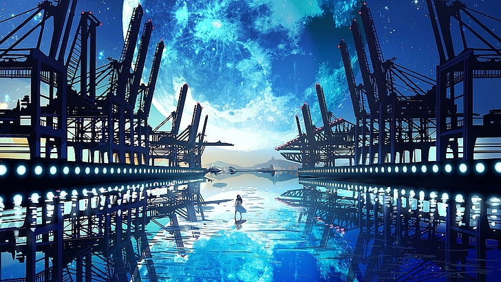 anime, sky, blue, Moon, anime girls, industrial, HD wallpaper