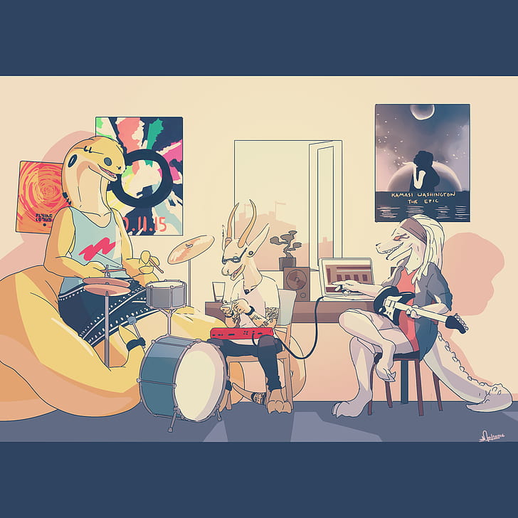Anthro, furry, music, animals, drums, guitar, synthesizer, Flying Lotus