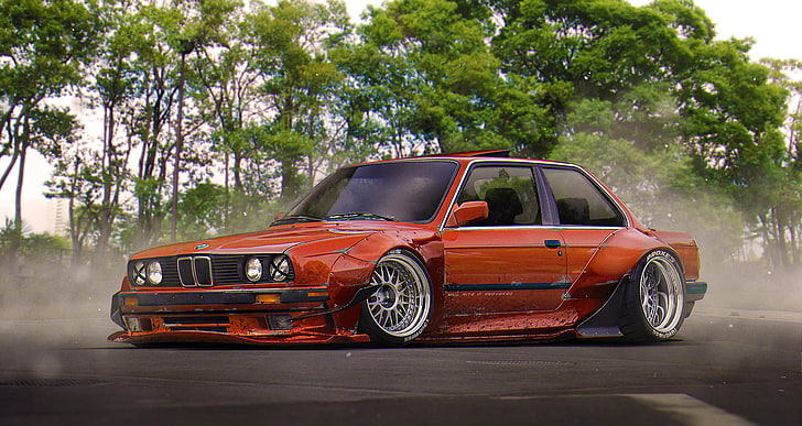 red BMW E30 coupe, Tuning, Future, Stance, by Khyzyl Saleem, car, HD wallpaper