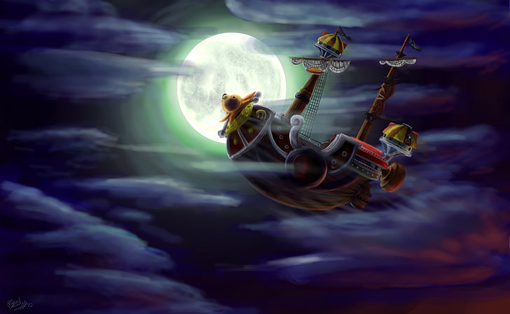 brown pirate ship in the air during full moon, Thousand Sunny
