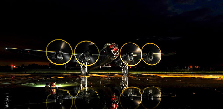 Avro Lancaster, planes, Bomber, reflection, runway, night, illuminated, HD wallpaper