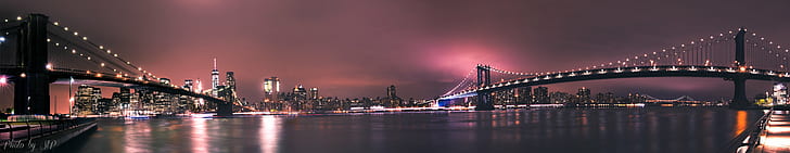 panoramic photo of city at night, york, york, New York, bridges, HD wallpaper