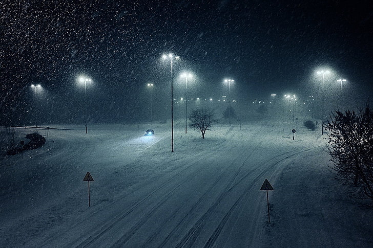 snow, road, night, winter, snowing, cold temperature, illuminated, HD wallpaper