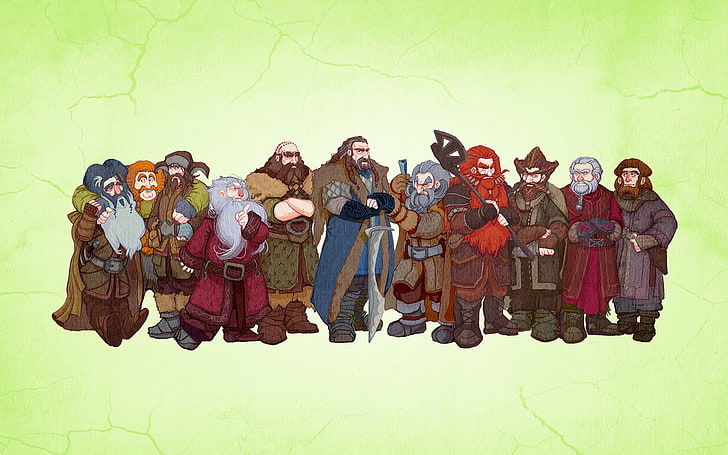 The Hobbit Thorin and company illustration, dwarves, light background
