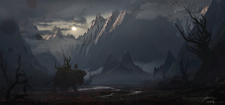 Fantasy, Landscape, Cloud, Dark, Elephant, Fog, Moon, Mountain, HD wallpaper