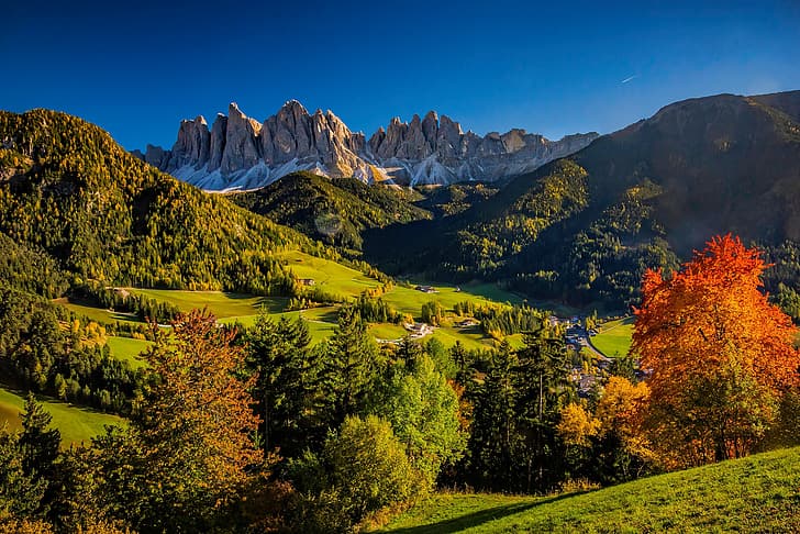 autumn, forest, trees, mountains, hills, valley, Italy, The Dolomites, HD wallpaper