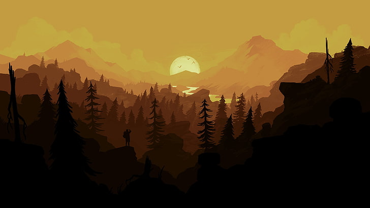 sunset and trees illustration, Firewatch, hiking, forest, mountain, HD wallpaper