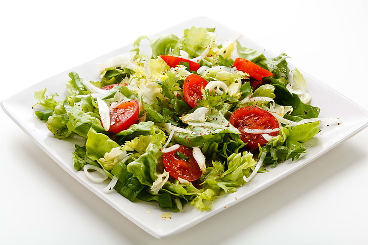 vegetable salad and white plate, white background, food, lettuce