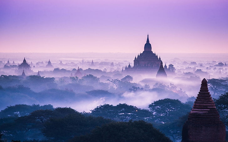 brown temple surrounded by mist, nature, landscape, trees, Asia