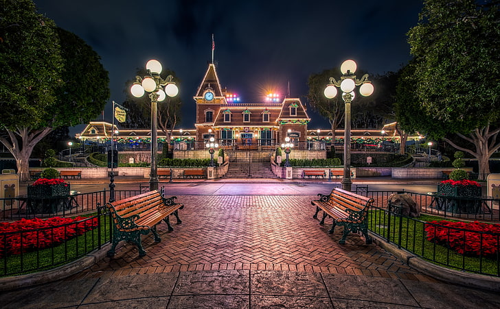 Disneyland, two brown wooden outdoor benches, United States, California, HD wallpaper