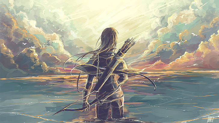 long-haired holding boy on body of water character wallpaper