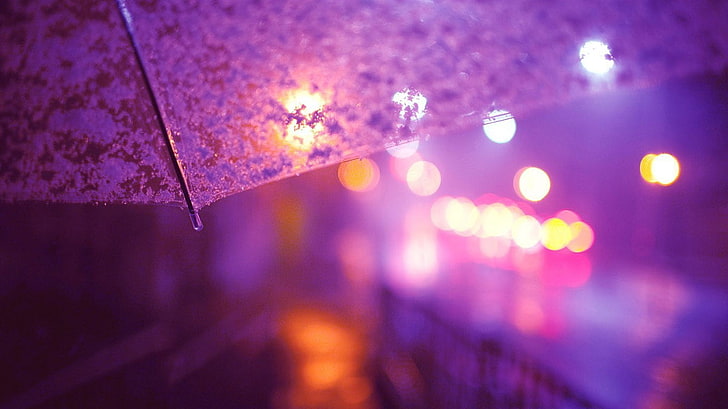 clear umbrella, lights, street light, city lights, rain, bokeh, HD wallpaper