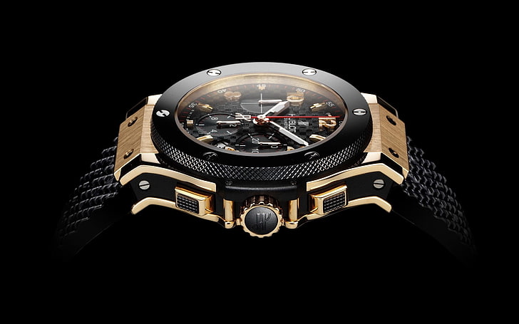 HUBLOT GENEVE-Advertising HD Wallpaper, gold-colored chronograph watch, HD wallpaper