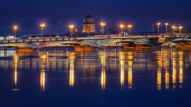 St. Petersburg, Russia, night, lights, bridge, river, maidens tower photo, HD wallpaper