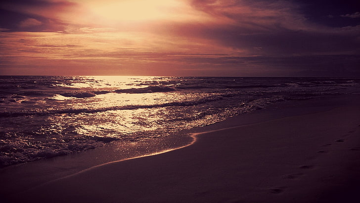 coast, sea, water, sky, beach, land, sunset, horizon over water, HD wallpaper