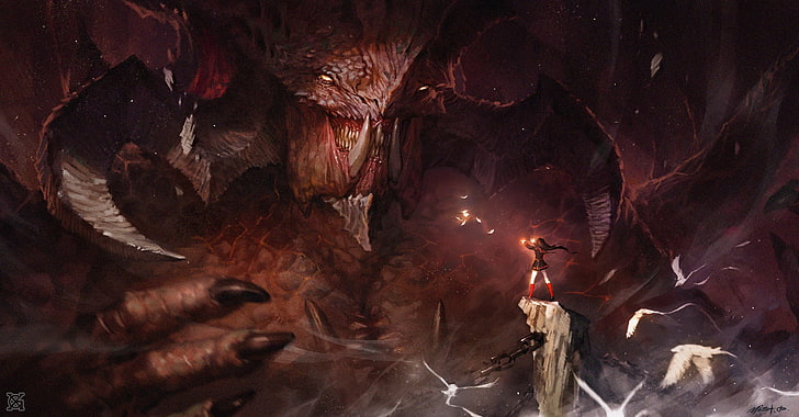 red dragon character illustration, fantasy art, demon, indoors, HD wallpaper