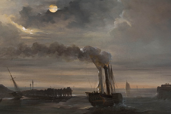 artwork, painting, Moon, boat, sea, smoke, classic art, water