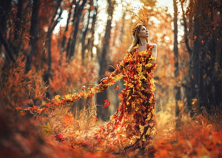 HD wallpaper: Autumn spell, lady, art, women's in leaf decor long dress,  lady autumn girl autumn leaves | Wallpaper Flare