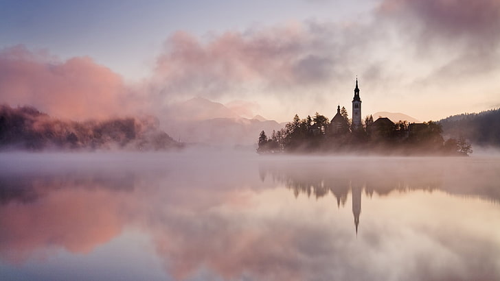 castle on island with fog artwork, sky, landscape, tower, lake
