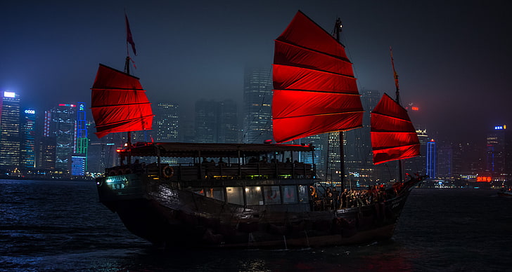 brown ship with red sails, architecture, building, cityscape