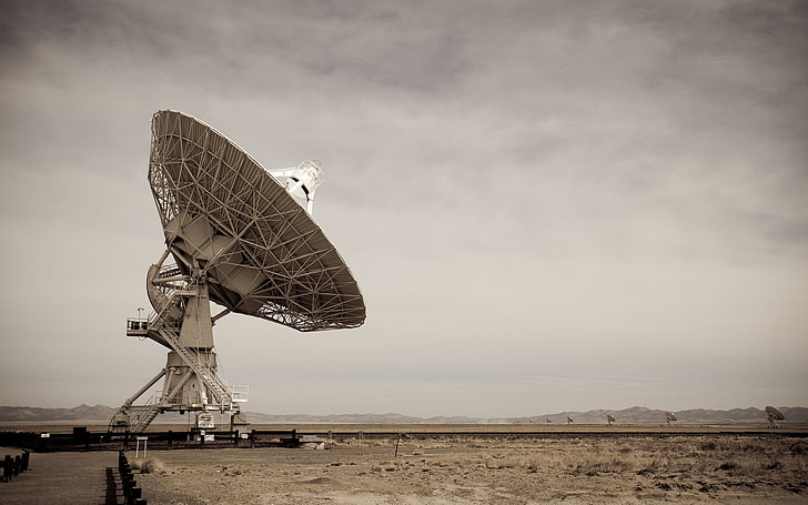 round gray and white satellite dish, technology, landscape, radio telescope