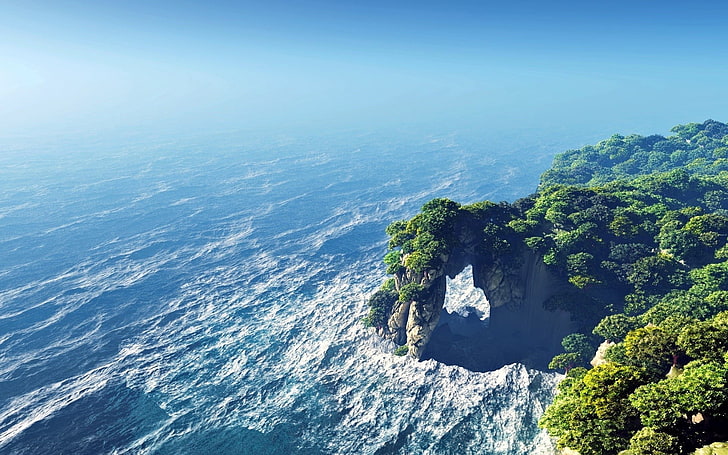 bay, water, waves, sea, rock, cliff, trees, render, CGI, scenics - nature