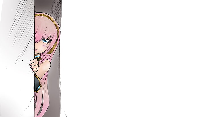 female anime character with pink hair peeking beside door wallpaper