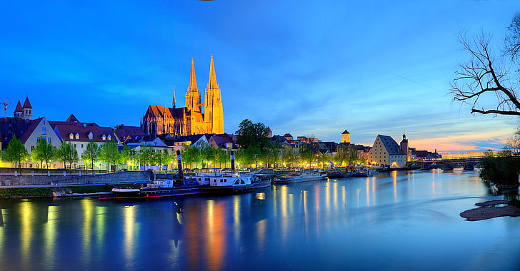 night, lights, river, home, Germany, Bayern, Regensburg, The Danube