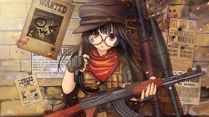 anime, anime girls, original characters, AK-47, rifles, glasses