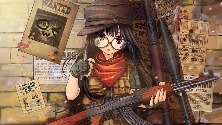 anime, original characters, AK-47, glasses, anime girls, weapon, HD wallpaper
