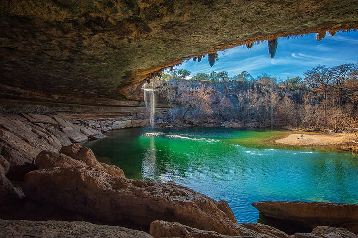 Caves grottoes, sky, rocks, Lake, HD wallpaper