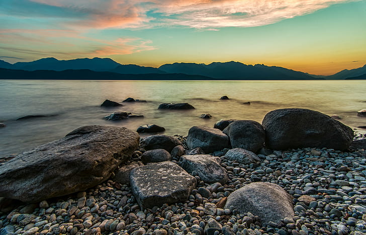 brown rocks bear body of water during sunset, Colors, Background