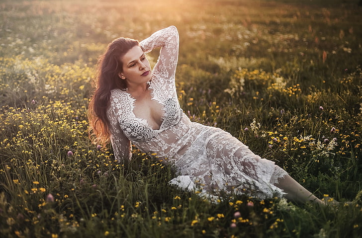 plants, women outdoors, arms up, model, see-through clothing