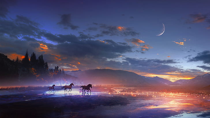dreamland, fantasy art, horses, running, moon, moonlight