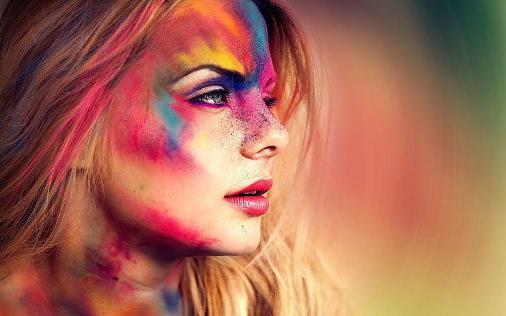 colorful, model, face, face paint, body paint, blonde, women, HD wallpaper
